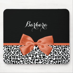 Chic Leopard Print Burnt Orange Bow With Name Mouse Mat