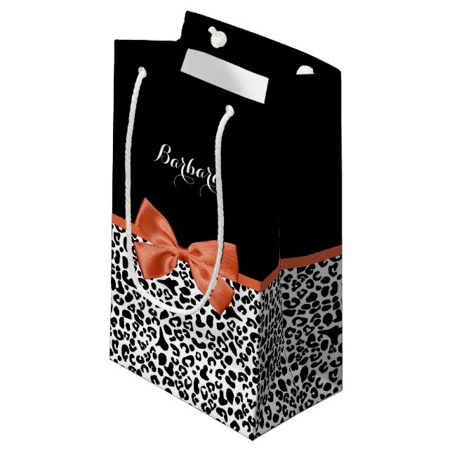Chic Leopard Print Burnt Orange Bow With Name Small Gift Bag (Front Angled)