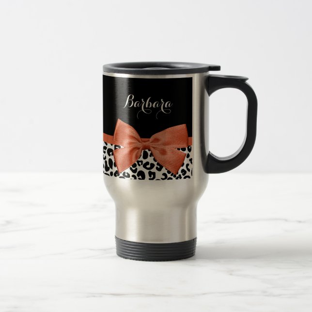 Chic Leopard Print Burnt Orange Bow With Name Travel Mug (Right)