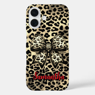 chic leopard print coquette bow monogram iPhone 16 case