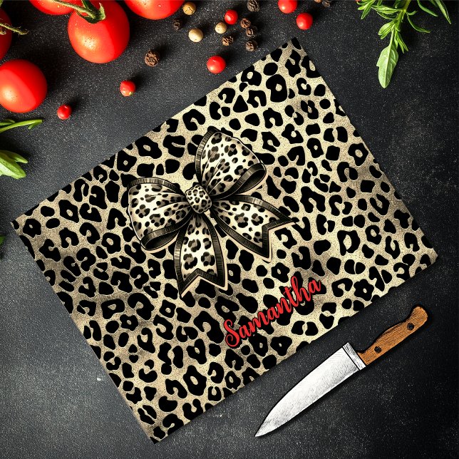 chic leopard print coquette bow monogram cutting board (Creator Uploaded)