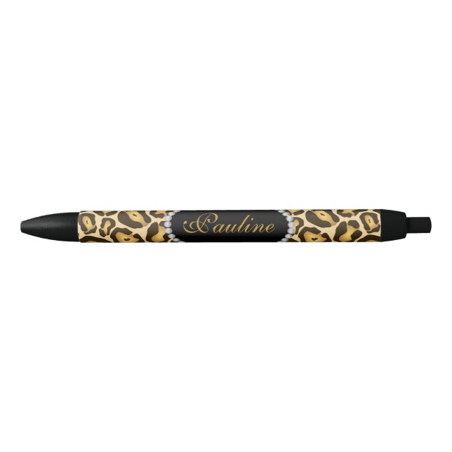 Chic Leopard Print Faux Diamond Monogram Black Ink Pen (Front)