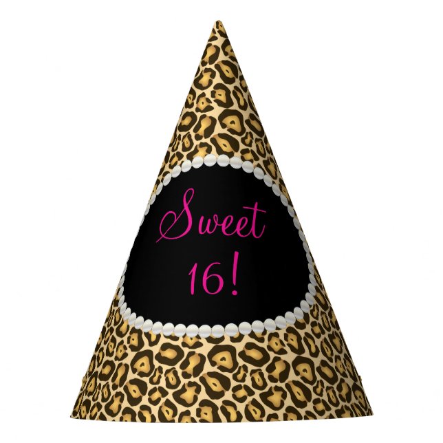Chic Leopard Print Pearls Sweet 16 Party Hats (Front)
