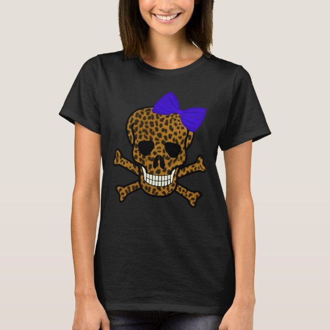 Chic Leopard Print Pirate Skull Blue Bow T-Shirt (Front)