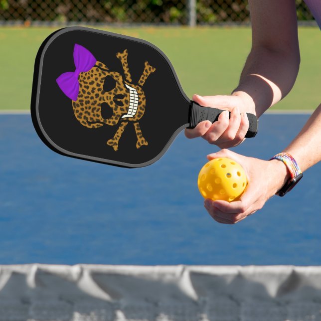Chic Leopard Print Pirate Skull Purple Bow Pickleball Paddle (Insitu)