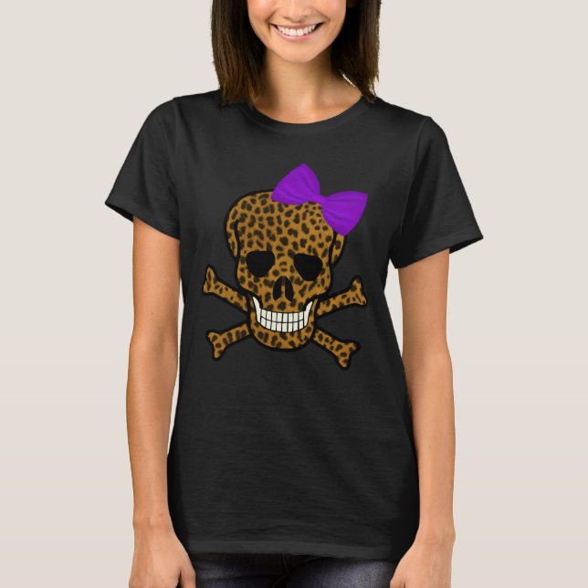 Chic Leopard Print Pirate Skull Purple Bow T-Shirt (Front)