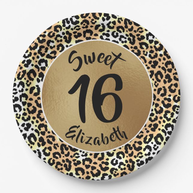 Chic Leopard Print Sweet 16 Birthday Paper Plate (Front)
