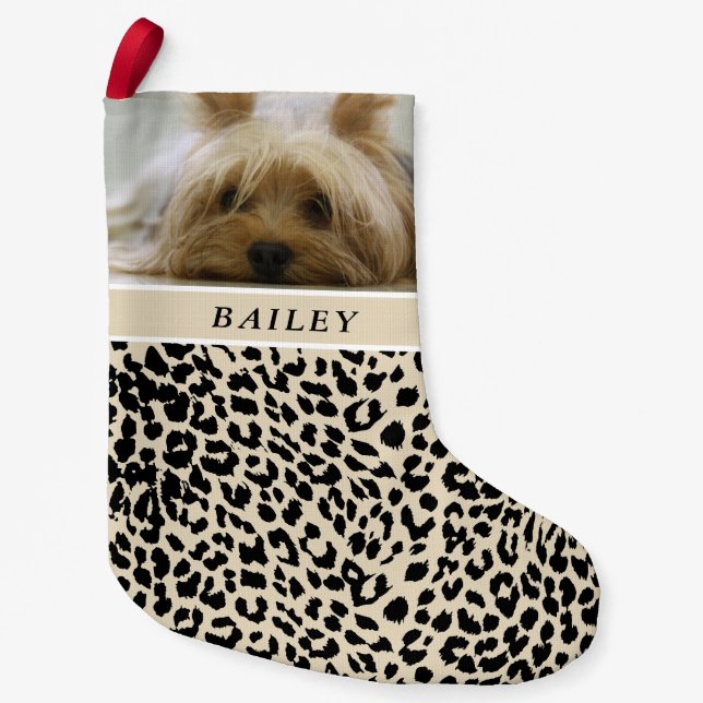 Chic Leopard Print with Name and Photo Holiday Small Christmas Stocking (Front)