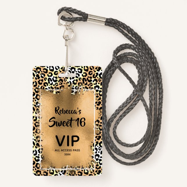 Chic Leopard Sweet 16th Birthday Invite VIP Pass ID Badge (Front with Lanyard)