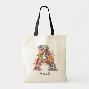 Chic Letter A   Whimsical Floral Letter Monogram Tote Bag