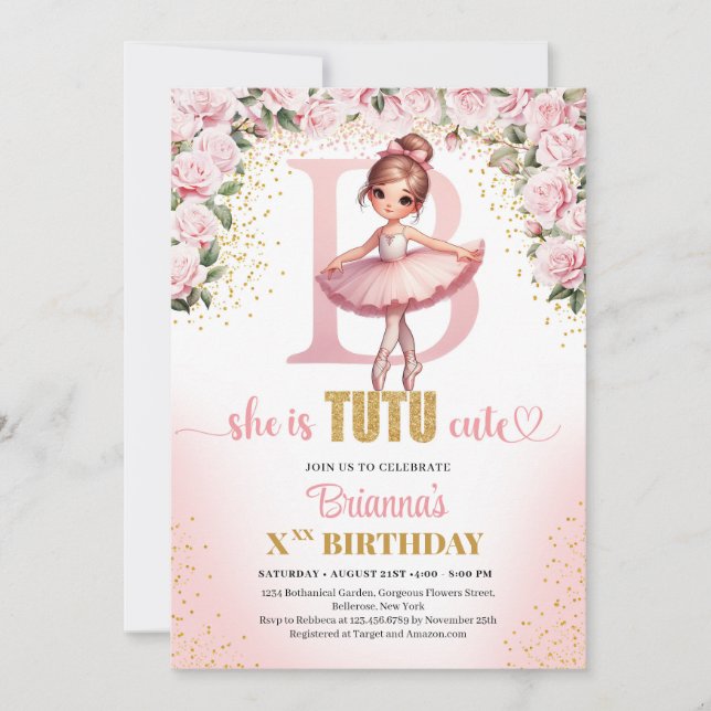 Chic letter B monogram ballerina girl birthday Invitation (Front)