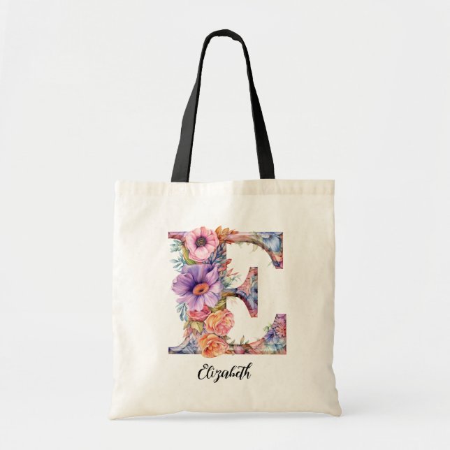 Chic Letter E | Whimsical Floral Letter Monogram Tote Bag (Front)