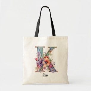Chic Letter K Whimsical Floral Letter Monogram Tote Bag