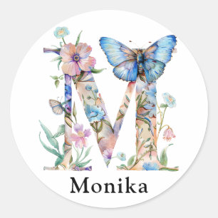 Chic Letter M   Whimsical Floral Letter Monogram Classic Round Sticker