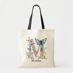 Chic Letter M   Whimsical Floral Letter Monogram Tote Bag