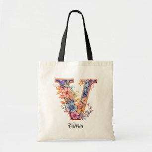 Chic Letter V Whimsical Floral Letter Monogram Tote Bag
