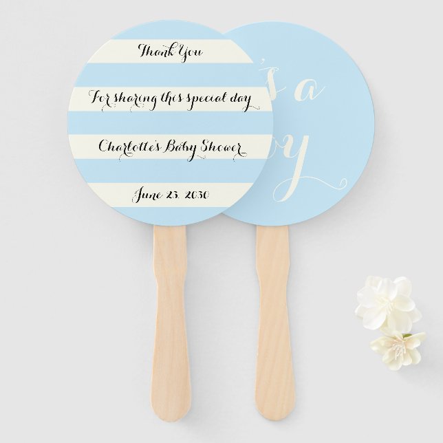 Chic light blue ivory stripes script Baby Shower Hand Fan (Front and Back)