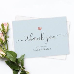 Chic Light Blue Modern Script Rose Gold Heart Thank You Card