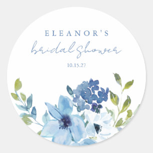 Chic Light Blue Watercolor Floral Bridal Shower Classic Round Sticker