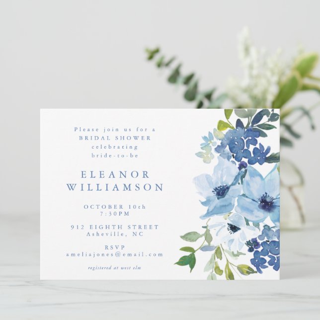 Chic Light Blue Watercolor Floral Bridal Shower Invitation (Standing Front)