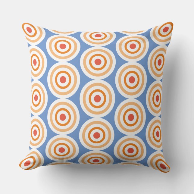 Chic Light Blue White Orange Tiled Concentric Art Cushion (Front)