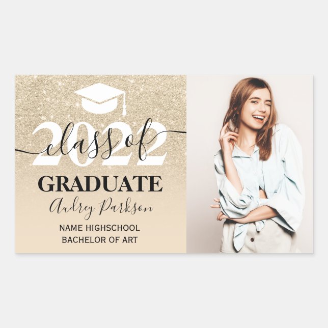 Chic light gold glitter ombre photo graduation rectangular sticker (Front)