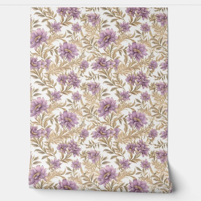 Chic light pastel purple and faux gold flowers wallpaper (Unrolling)