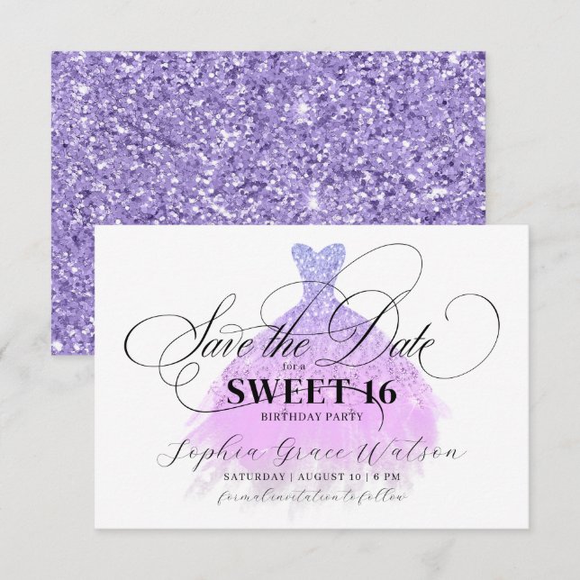 Chic Light Purple Glitter Dress Sweet 16 Birthday Save The Date (Front/Back)