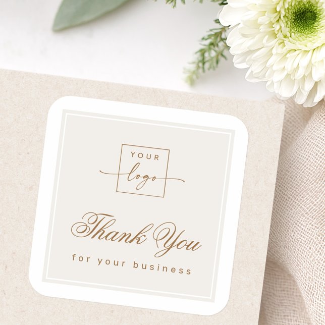 Chic light tan brown custom logo thank you square sticker (Chic light tan brown custom logo thank you square sticker)