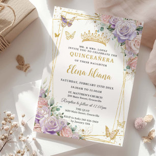 Chic Lilac Blush Floral Roses Quinceanera Sweet 16 Invitation