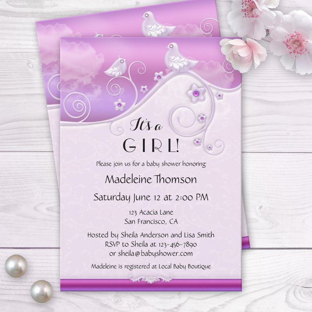 Chic Lilac Floral Bird Baby Shower Invitation (Creator Uploaded)