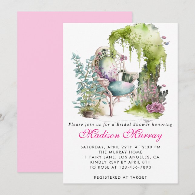 Chic Lilac Green Floral Garden Chair Bridal Shower Invitation (Front/Back)