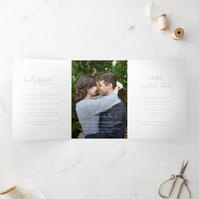 Chic Lilac Photo Modern Wedding Tri-Fold Invitation (Inside)