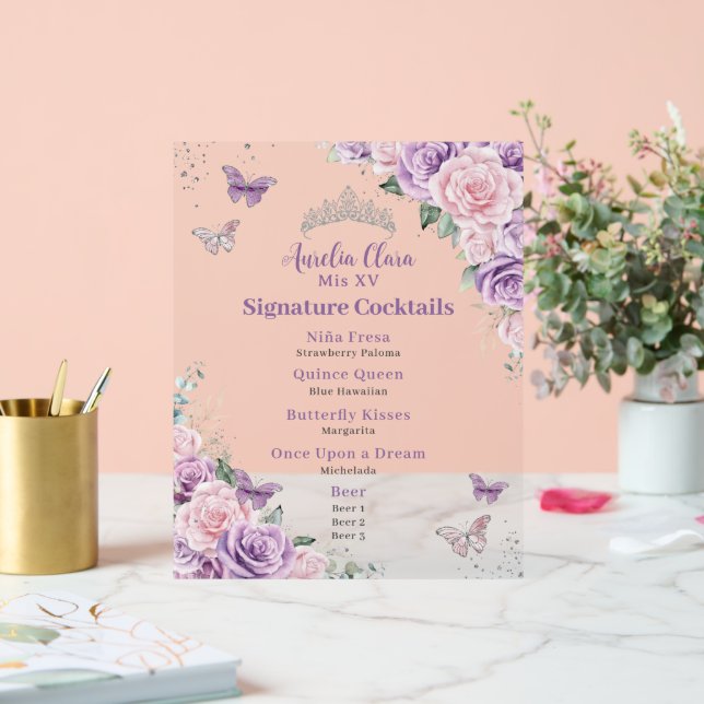 Chic Lilac Pink Floral Quinceanera Bar Drink Menu Acrylic Sign (Wedding)