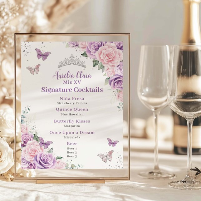 Chic Lilac Pink Floral Quinceanera Bar Drink Menu  Poster (Creator Uploaded)