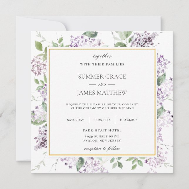 Chic Lilac Purple Floral Greenery Wedding Square Invitation (Front)