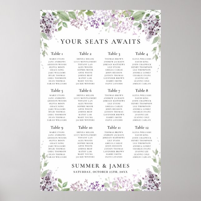 Chic Lilac Purple Floral Wedding Seating Chart (Front)