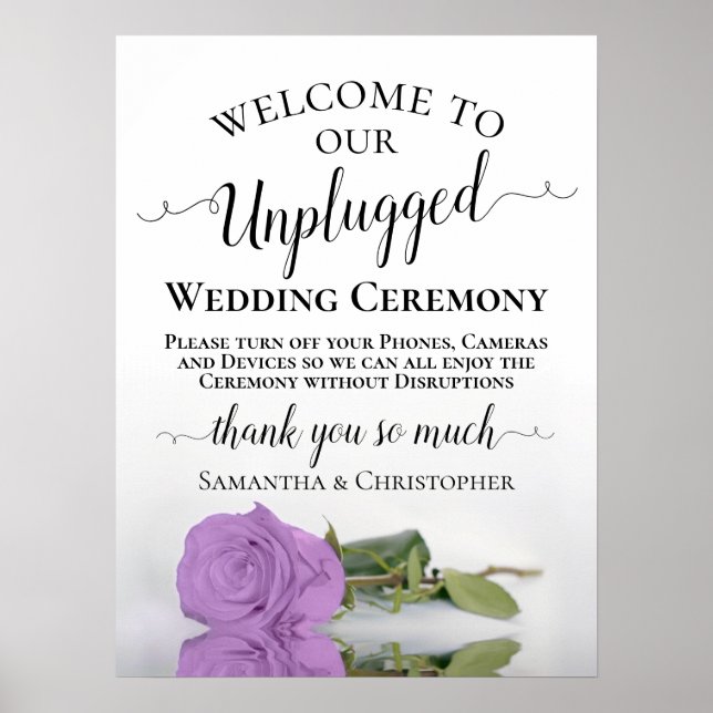 Chic Lilac Purple Rose Unplugged Wedding Ceremony Poster (Front)