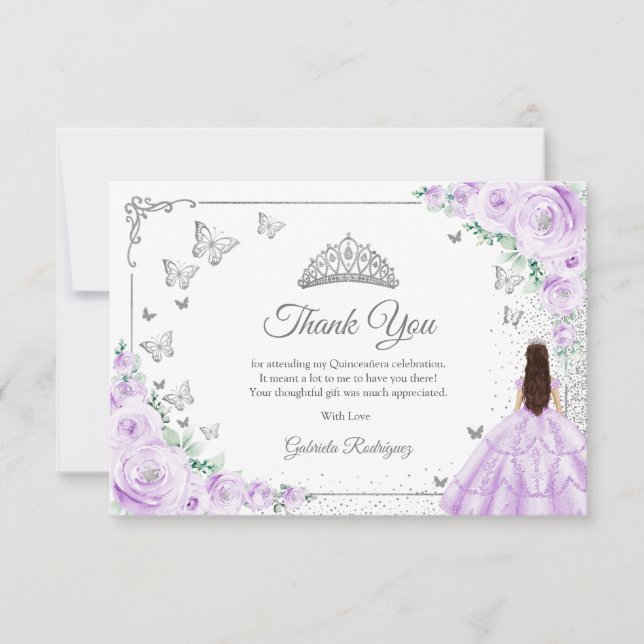 Chic Lilac Purple Roses Silver Quinceanera Thank You Card (Front)