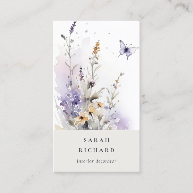 Chic Lilac Purple Wildflower Butterfly Watercolor Business Card (Front)
