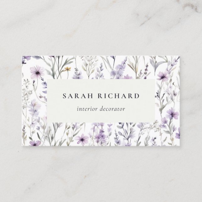 Chic Lilac Purple Wildflower Butterfly Watercolor Business Card (Front)