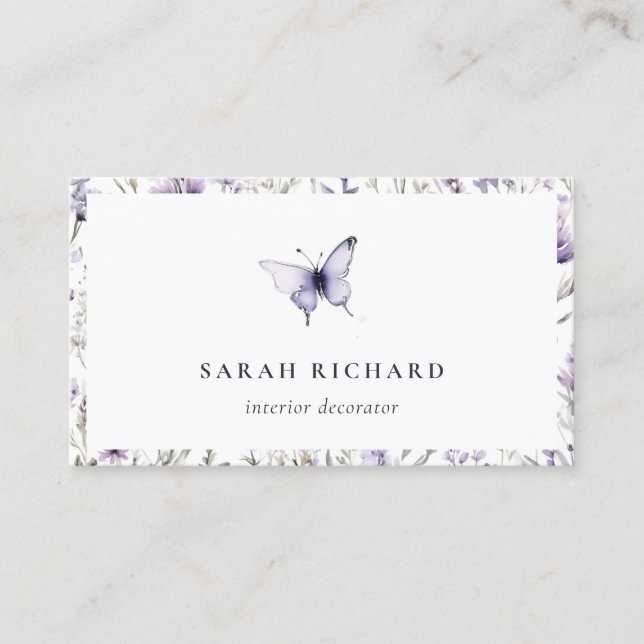 Chic Lilac Purple Wildflower Butterfly Watercolor Business Card (Front)