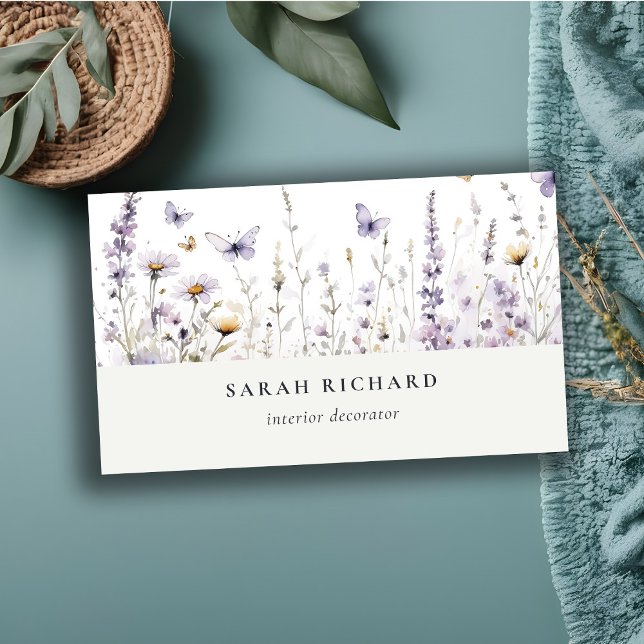 Chic Lilac Purple Wildflower Butterfly Watercolor Business Card (Creator Uploaded)
