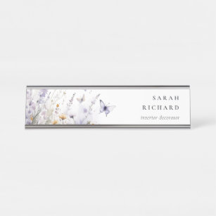 Chic Lilac Purple Wildflower Butterfly Watercolor Desk Name Plate
