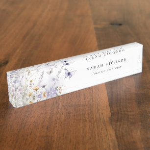 Chic Lilac Purple Wildflower Butterfly Watercolor Nameplate
