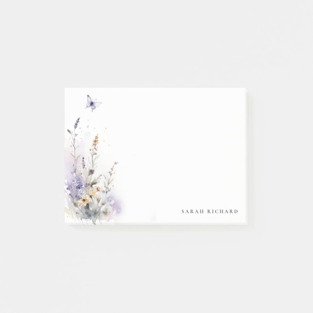 Chic Lilac Purple Wildflower Butterfly Watercolor Post-it Notes (Front)