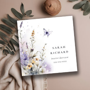 Chic Lilac Purple Wildflower Butterfly Watercolor Square Business Card