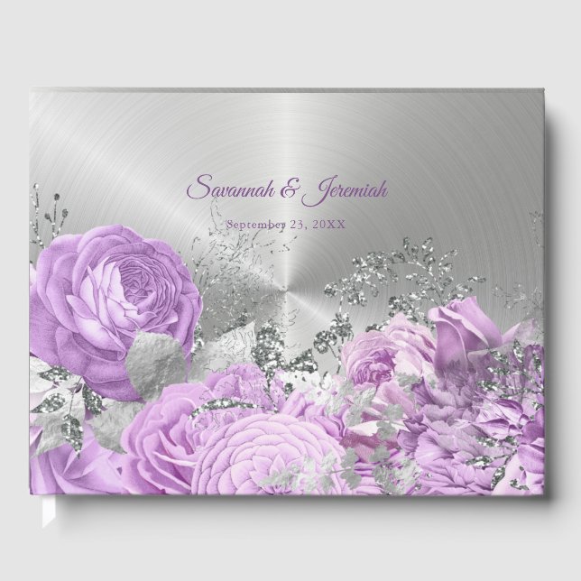 Chic Lilac Silver Floral Customisable Wedding Guest Book (Front)