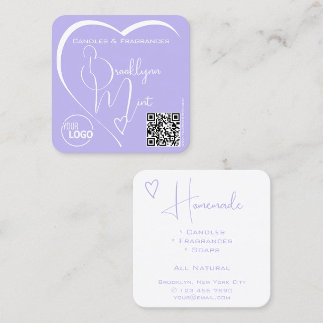 Chic Lilac White Calligraphy Heart Logo QR-Code  Square Business Card (Front/Back)
