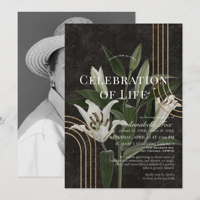 Chic Lilies Celebration of Life Funeral Memorial Invitation (Front/Back)
